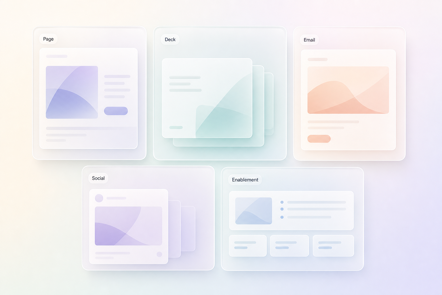 Campaign assets across pages, decks, and content