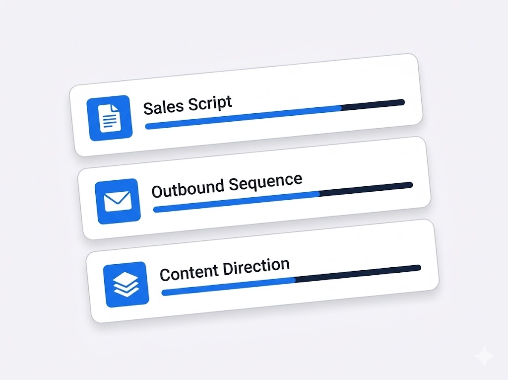 Execution framework with sales scripts, outbound sequences, and content direction